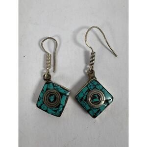 Turquoise Inlay Dangle Earrings Southwest Style Silver Tone Mosaic